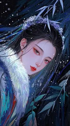 唯美画面，禅意，朦胧梦幻，毛茸茸的画面，毛茸茸的材质,国风插画，炫彩光影,新工笔,暗夜微光,流体油画,岩彩板绘,，大师级杰作,奇趣工坊，毕加索，几何彩绘，古风美人头像，张大千,竹林，下雪，极简构图，特写，色块插画，色块狂想，暗夜微光