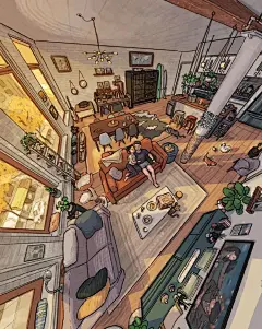#微博公开课#发现插画师JR's Arts又出了不少新作品，质朴的画笔描绘的画面治愈又温馨，特别是满屏的落地窗，真是给足了幸福感这是你向往的宅家生活咩？ ​​​​