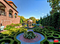 English Tudor Residence & Garden : English Tudor Estate Garden - Architecture by Dobbins+Crow Architects. Project features glass tile pool, antique brick, outdoor cabana, dining area, boxwood parterre and privacy screen planting.