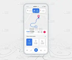 地图GPS导航ux ui概念，智能手机地图应用程序在屏幕上的目的地点，App搜索地图导航，技术地图，