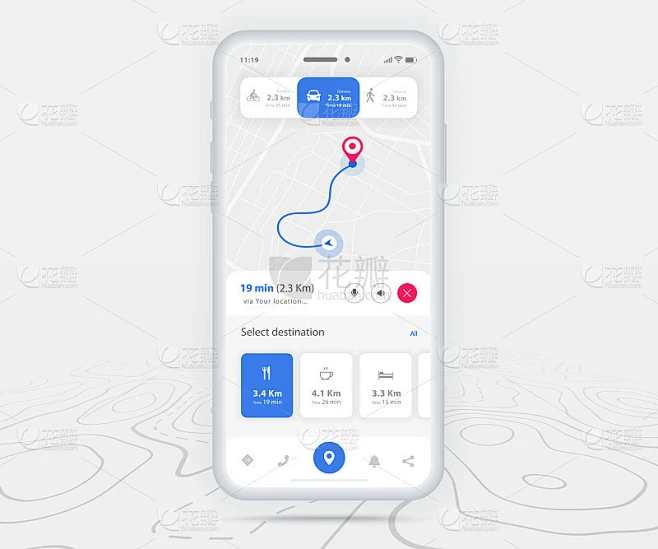 地图GPS导航ux ui概念，智能手机地图应用程序在屏幕上的目的地点，App搜索地图导航，技术地图，-花瓣网