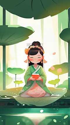 夏天夏日夏季绿色可爱小女孩一片荷花荷花荷叶