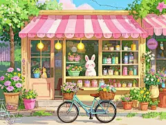 壁纸|粉屋兔
提示词：童话风格，治愈系插画，色彩运用上以暖色调为主，颗粒感。店铺的外观以粉色为主色调，搭配上粉色的遮阳篷，遮阳篷下有一只兔子，橱窗里摆放着各种商品，橱窗上方挂着两个暖黄色的灯泡，店铺周围装饰着许多盆栽，有五颜六色的鲜花和绿色的植物。画面下方停放着一辆浅蓝色的自行车，自行车的后座上有一个装满鲜花的篮子 ，比例 4:3。