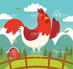 卡通打鸣的公鸡  - 源文件下载【酷图网】云朵,仓房,农场,树叶,打鸣,eps,ai,矢量,高清图片,素材,
