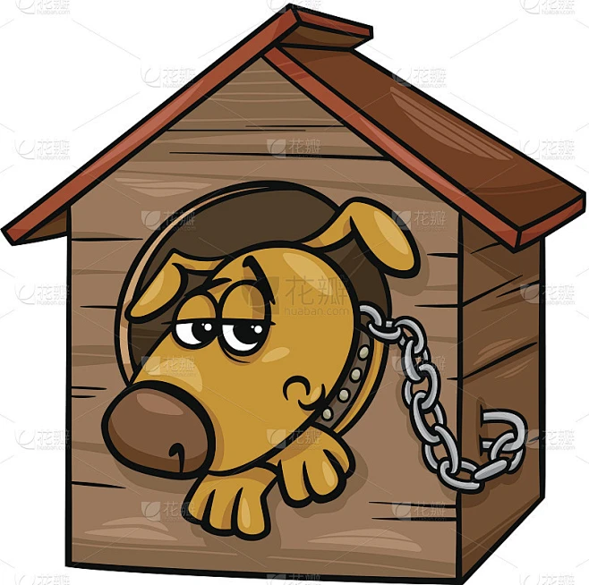 悲伤的狗在犬舍卡通插图素材-花瓣网