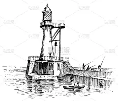 灯塔和大海。海洋素描, 航海旅行和海景。在海洋中照明。雕刻的葡萄酒, 手绘, 大西洋潮汐波。航海为船
