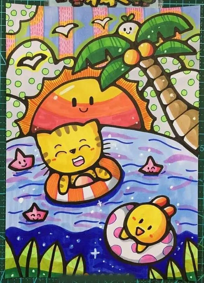儿童画-小猫游泳