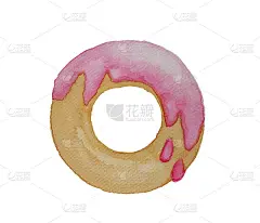 水彩手绘插图单一棕色油炸圈饼和草莓奶油融化浇头，绘制对象孤立的白色背景与剪切路径