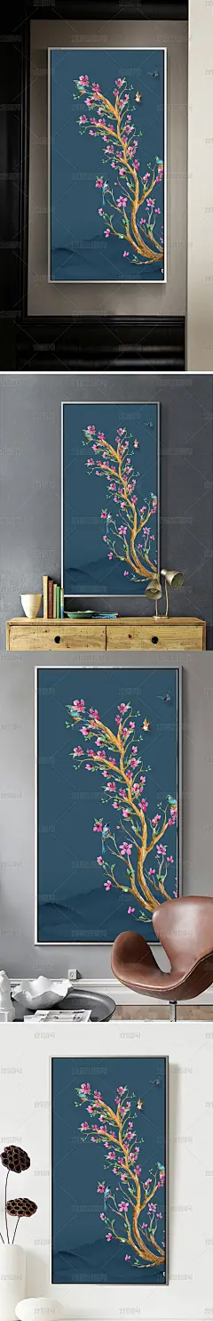 梅花手绘工笔花鸟新中式玄关背景墙装饰画