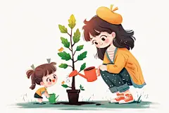 儿童植树场景插画