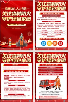 红色喜庆森林防火消防安全四件套海报