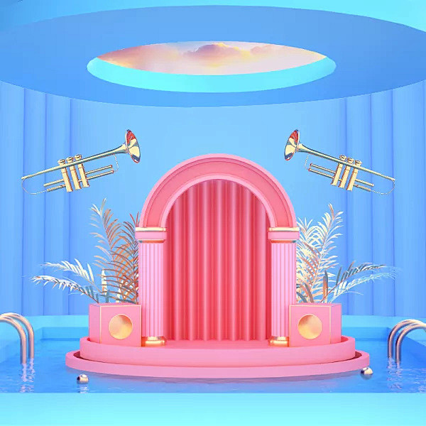 唯美清新3d泳池风景插画元素