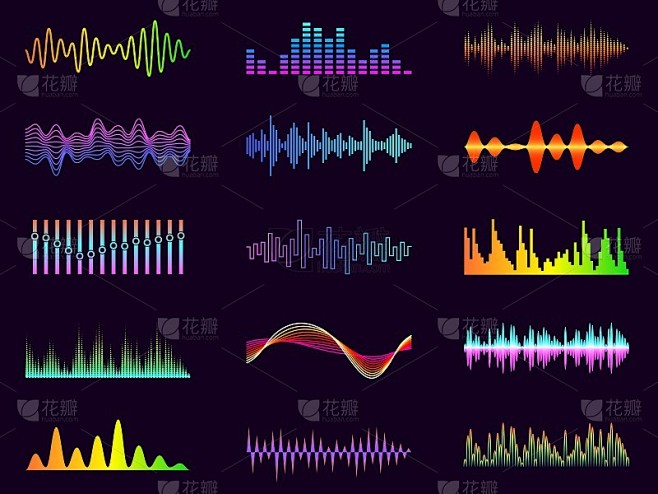 颜色声波。霓虹灯音频频率。电子音乐图形元素。数字均衡器图或声谱可视化。抽象的图。矢量音轨波形设置