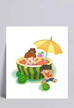 夏至夏季西瓜儿童插画|夏至,夏季,西瓜,儿童,插画,女孩,男孩,夏日遮阳伞,夏至插画,夏季西瓜插画,夏天,吃西瓜
