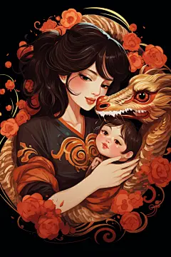龙生肖宝宝母亲插画