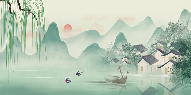 春分春天春中国风水墨画春天江南水乡插画海...