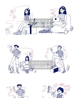 手绘简约风线稿人物年轻生活男女运动看书音乐插画ai矢量设计素材-淘宝网