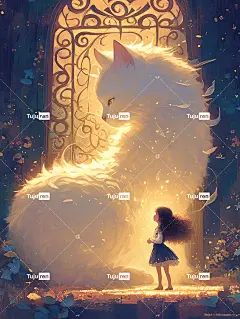 女孩白色猫魔法门神秘的符号散发着金光海报