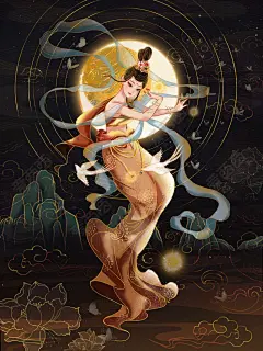 敦煌风壁纸敦煌飞天壁画复古国潮中国风插画