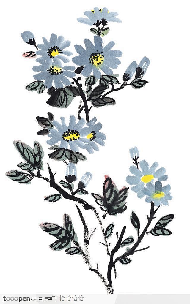 中国国画-盛开的蓝色花朵下载，现在加入素...