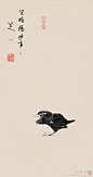 八大山人《孤禽图》--- 整幅画面仅在中下方，绘一只水禽，鸟的眼睛一圈一点，眼珠顶着眼圈，一副白眼向天的神情。一足立地，一足悬，缩颈，拱背、白眼，一副既受欺又不屈，傲兀不群的情态。流露出愤世嫉俗之情，反映出孤愤的心境和坚毅的个性。此画原为北京市文物公司藏。