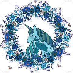花环上的独角兽。矢量插图。五彩缤纷的花圈。明亮的颜色。