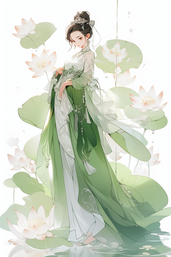 水墨荷叶古装绿衣少女古风女生插画