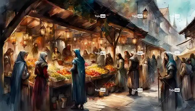 Ai产生的 市场 中世纪 古代 人们 城市 摊位 蔬菜-花瓣网