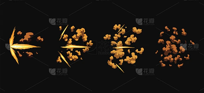 枪的闪光或射击动画。子弹启动的卡通闪光效果。霰弹枪开火，枪口闪光，然后爆炸。闪烁着烟雾和火花素材-花瓣网