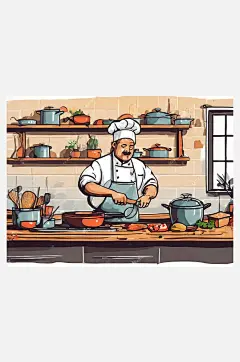 扁平手绘厨师在厨房烹饪AI数字艺术-众图网