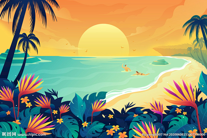 夏季海边沙滩游泳插画设计