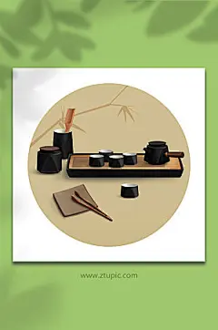 国风黑色套装茶具物品设计插画