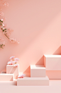 a pink backdrop with flower boxes beside an empty shelf, in the style of organic geometries, light white and light orange, floral still-lifes, subtle tonal range, animated gifs, delicate sculptures, neo-concrete