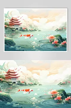 AI数字艺术国潮锦鲤山水建筑元素插画