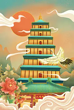 国潮金线描边插画之中国建筑大雁塔