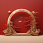 在中国画风格中，红色拱形舞台采用金色边框，平面背景，3D，创