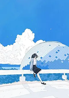 蓝白调的青春主题插画，作者采用冷色调描绘青春，却丝毫没有给人一种冷的感觉，整体画面效果非常治愈。
-
青春的色彩是蓝白色

插画师rei kato ​​​​