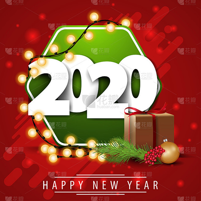 2020年，新年快乐，红色贺卡与白色体积...
