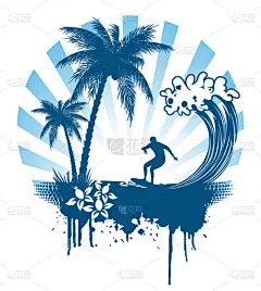 棕榈和冲浪的 grunge 风格的大浪