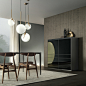 Self bold sideboard in black glossy lacquered glass, side panels and profiles in brushed graphite and nero marquinia marble top