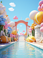 Clay, Inflatable black and white Mosaic, Balloon flowers, Swimming pool, yellow sky, blue water, pink, Inflatable model, C4D, 3D modes， Summer, IP by Pop mart, Pixar, Rich colour, Edge, octane