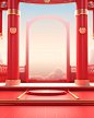 Red floor background with golden frame and chinese temple, in the style of soft, romantic landscapes, physically based rendering, vibrant stage backdrops, light red and white, superflat, detailed marine views, soft gradients