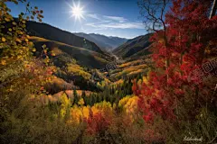 秋天的山林 【酷图网】风景画,秋天,山林,层林浸染,蓝天白云,太阳,山谷,高清,壁纸