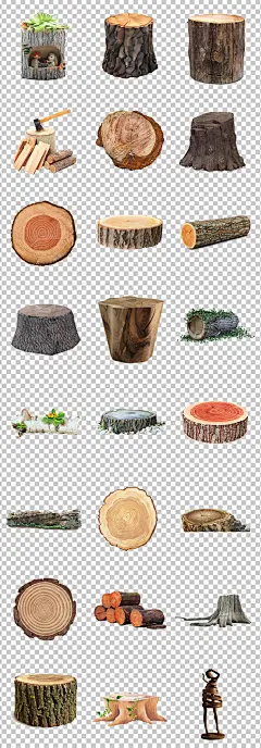 0603木头树桩木桩树木年轮枯木头树根手绘木头免抠素材