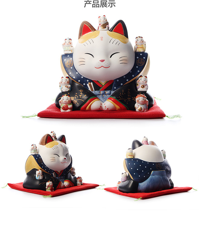 日本药师窑七福神招财猫大号手工陶瓷摆件生...