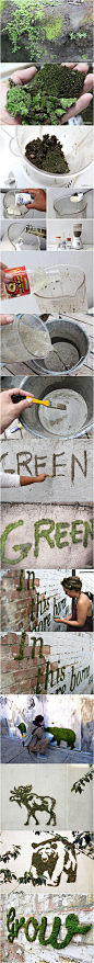 介绍一种新的街头涂鸦方式，艺术家用苔藓、酸奶、啤酒喝白糖制成一种培养液，然后用画笔在墙上涂鸦，再加上适当的喷水，不久就长出绿色的软软的“涂鸦”！有点酷炫。