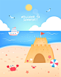 沙滩沙堡海鸥游轮螃蟹海星夏季插画海鸥|游轮|螃蟹|海星|夏季|插画