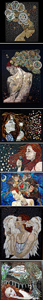 漂亮的马赛克拼贴画，美国艺术家Laura Harris1985年被诊断出患多发性硬化症的时候，便放弃了她的老师工作，开始创作马赛克艺术品，这组作品是由玻璃、陶瓷、齿轮、手表、和钥匙等拼贴组成。 （最陶瓷微信：zuitaoci）