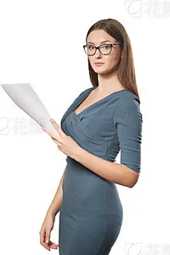 Portrait of smiling business woman with blank paper, isolated on