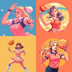 西柚，单马尾少女在打排球，将排球替换成西柚，阳光朝气，赛璐璐风格插画